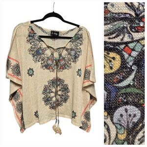 Women’s Embellished Boho Poncho Top Beige Mandala Western Hippie Feather Tassel